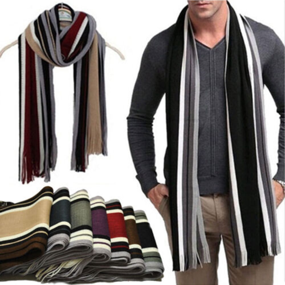 Wool Scarf Men - カシミヤ男性ストライプスカーフファッション厚いタッセルストールネックラップネック暖かいソフト冬ロングショール