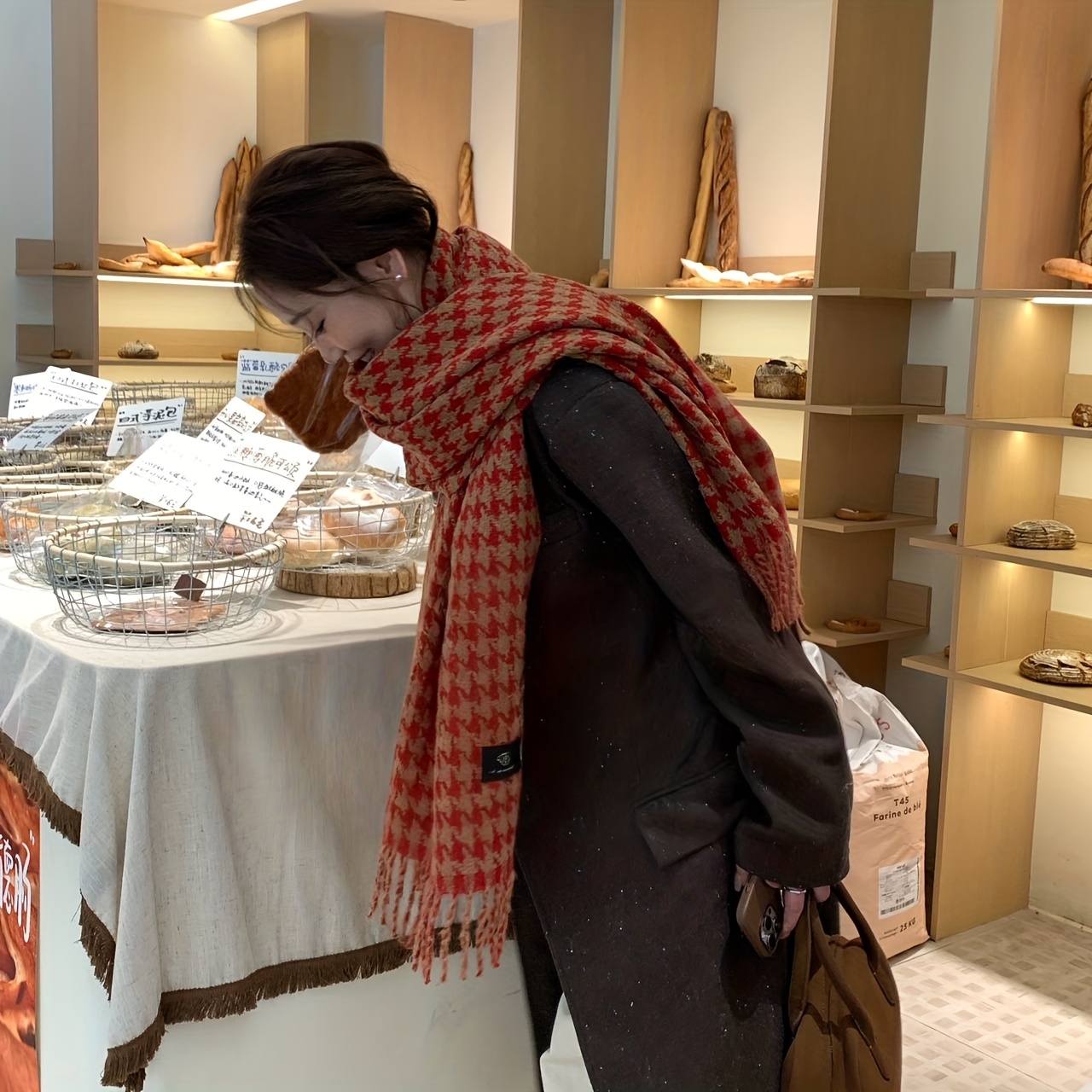 Wool Scarf Men - FANGSIGE 精巧な百塔ウール製秋冬用スカーフネックウォーマー、男女兼用、楽しい鳥格子柄、クリスマス要素入り、大型、赤色