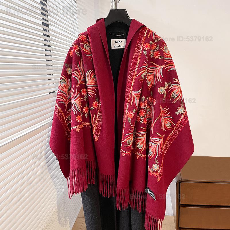 Shawl Wrap Winter - 女性用エスニックヴィンテージフェザー刺繍ショール、柔らかく暖かい人工カシミヤエクストラロングトラベルラップパシュミナケープスカーフ
