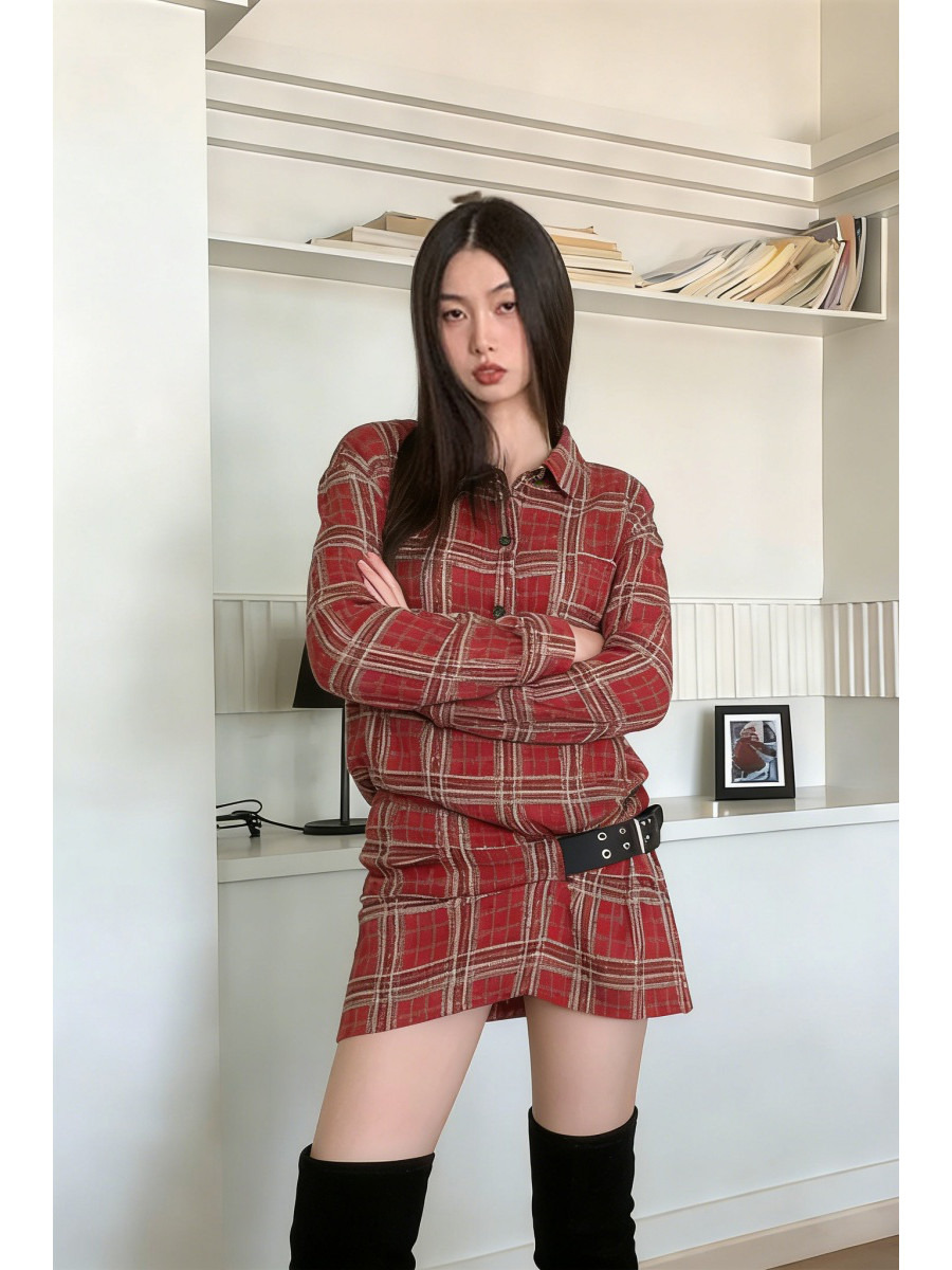 Flannel Shirt Lined - パンクチェック柄フランネルシャツワンピース ベルトバックル付き エアリーファッションショースタイル ミッドウエストAラインスカート 長袖ショートドレス レディース