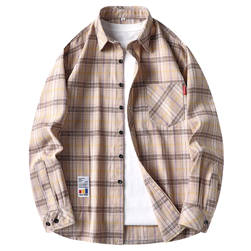Flannel Shirt Lined - メンズカジュアルチェック柄フランネルボタンシャツ、ターンダウンカラー、胸ポケット、ミニファブリックタグ、しわ加工、長袖シャツ