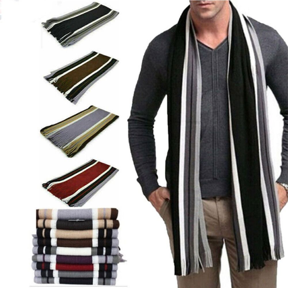 カシミヤ男性ストライプスカーフファッション厚いタッセルストー - Wool Scarf Men のレビューと価格