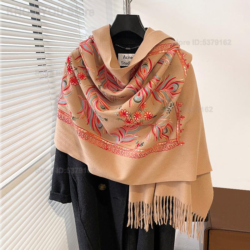 女性用エスニックヴィンテージフェザー刺繍ショール、柔らかく暖 - Shawl Wrap Winter のレビューと価格
