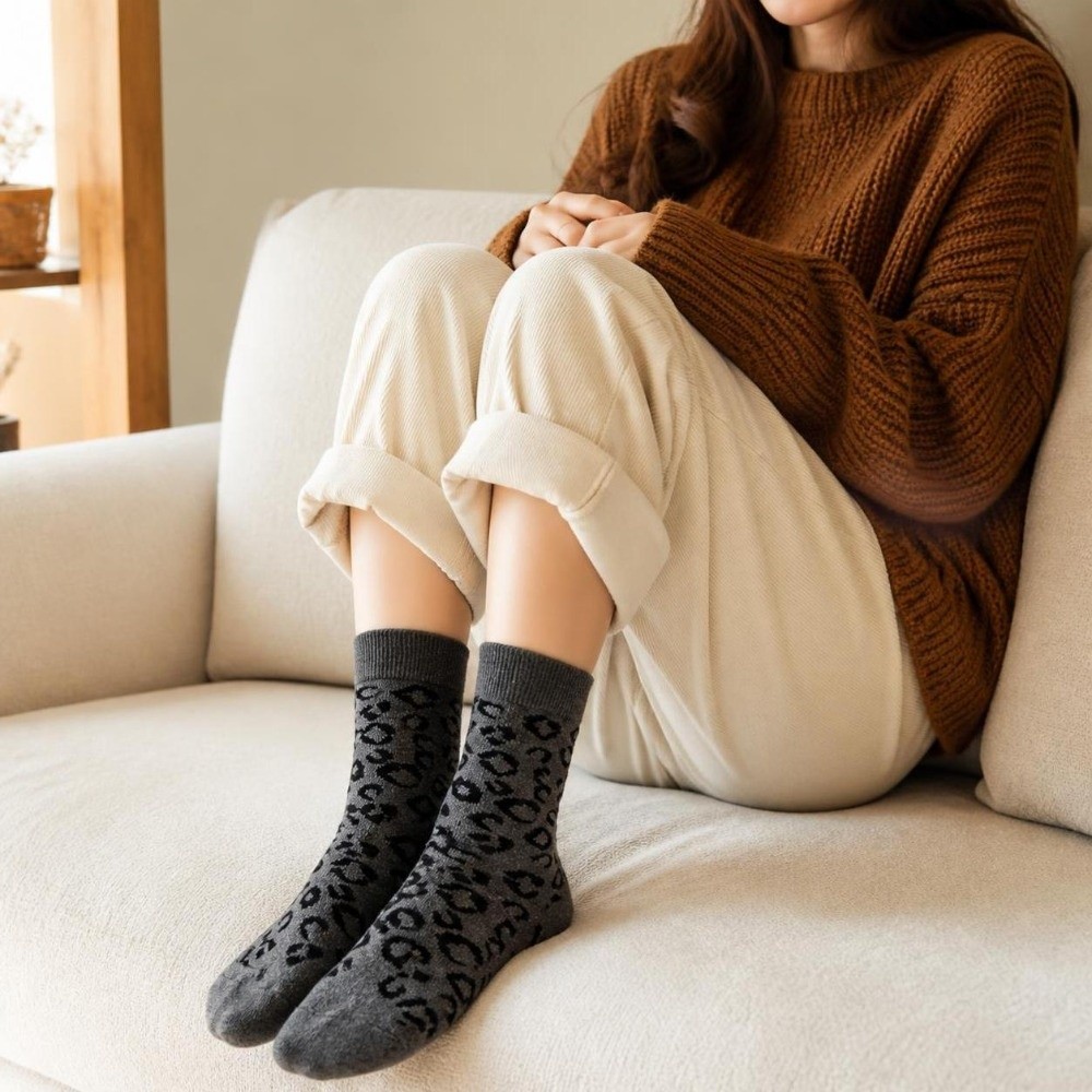 高弾性サーマルウールソックス レオパード柄 ミドル丈 厚手  - Thermal Sock Wool のレビューと価格